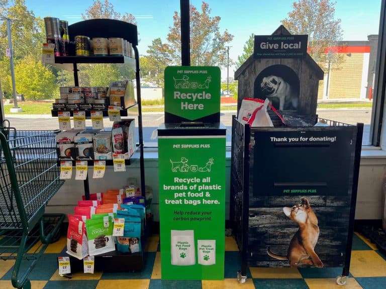 Image of recycling bins for Pet Supplies Plus and Wag N’ Wash partnership with TerraCycle as part of sustainability initiative