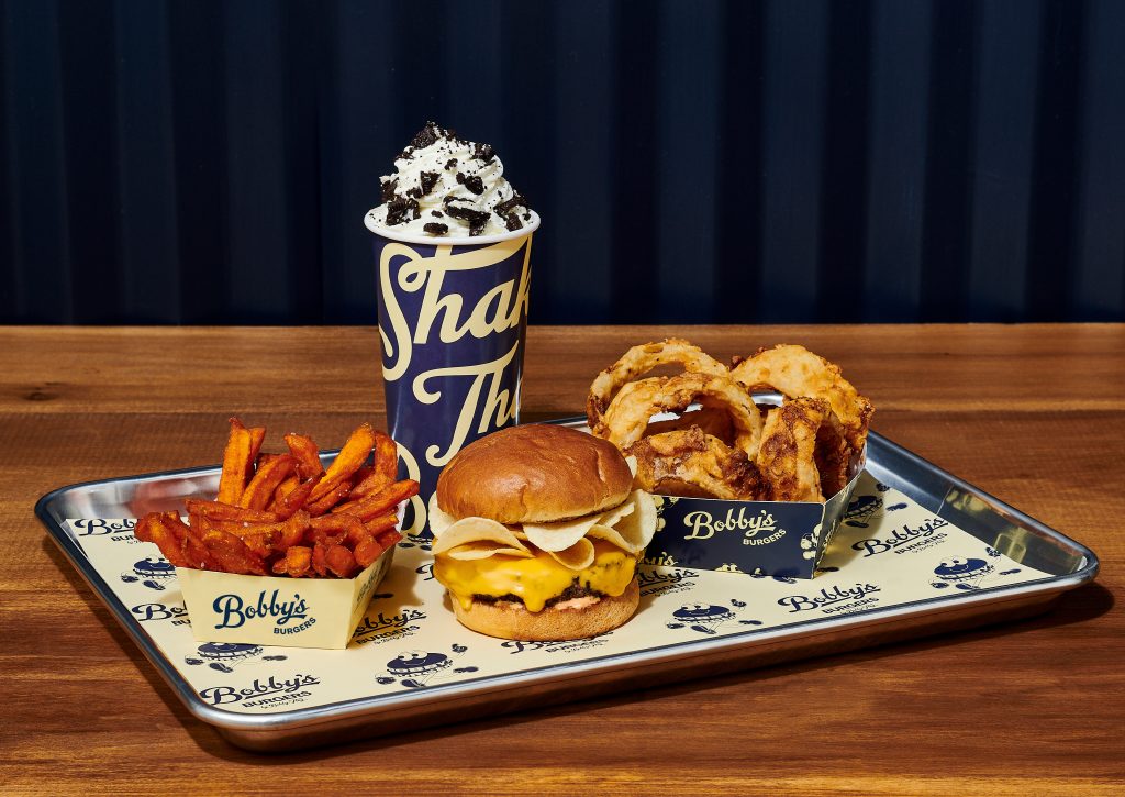 Image of product served at Bobby’s Burgers by Bobby Flay  of Orem, UT. Burger, fries and a shake