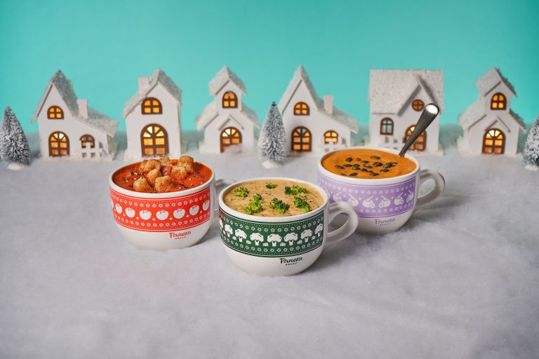 Image of three soups in collector holiday soup cups from Panera Bread