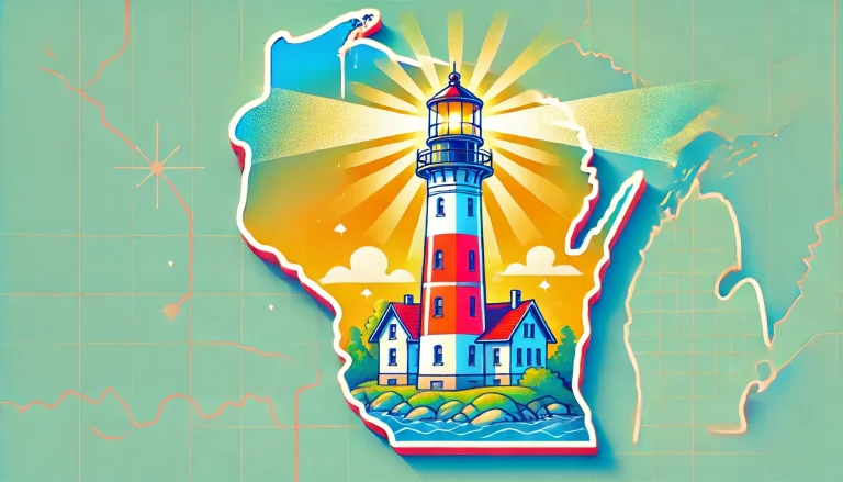 Image of the state of Wisconsin with a lighthouse on the top of it. Symbolizing Wisconsin FDD Transparency.