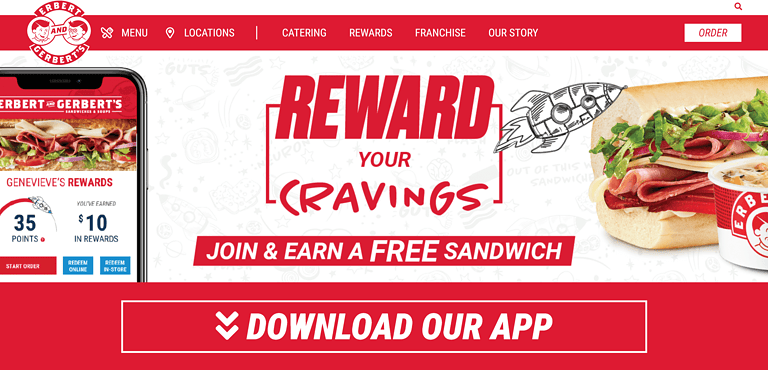 Screen capture of website featuring Rewards App for Franchisor