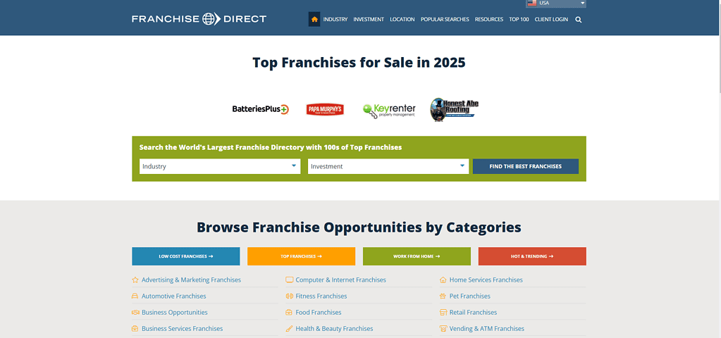 Screenshot of Franchise Direct franchise directory