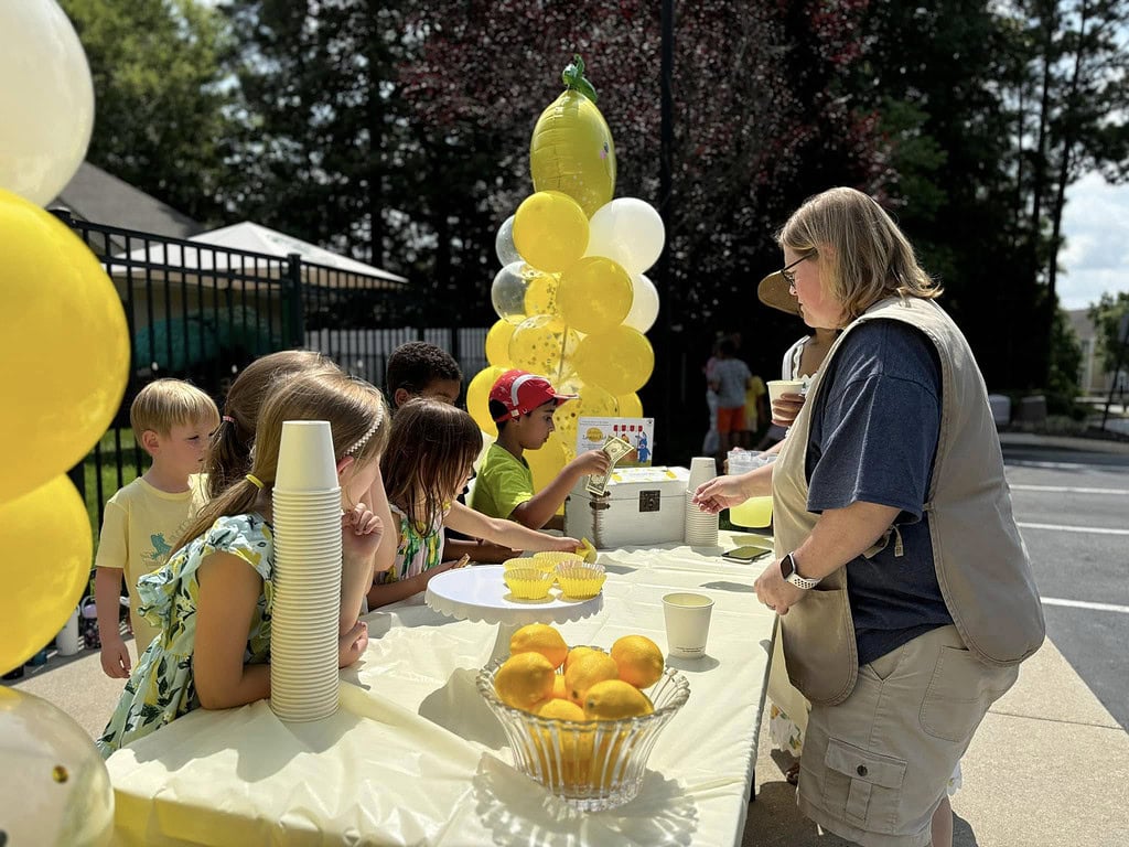 Students from Primrose School of Twin Hickory team up with other Primrose schools in Richmond, Virginia to host lemonade stands for children with cancer.