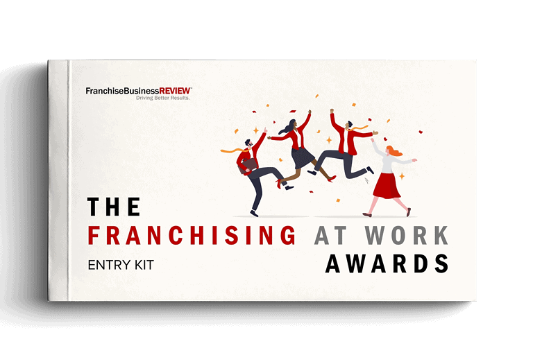 Image of book featuring Franchise Business Review Franchise At Work Awards with picture of people jumping.