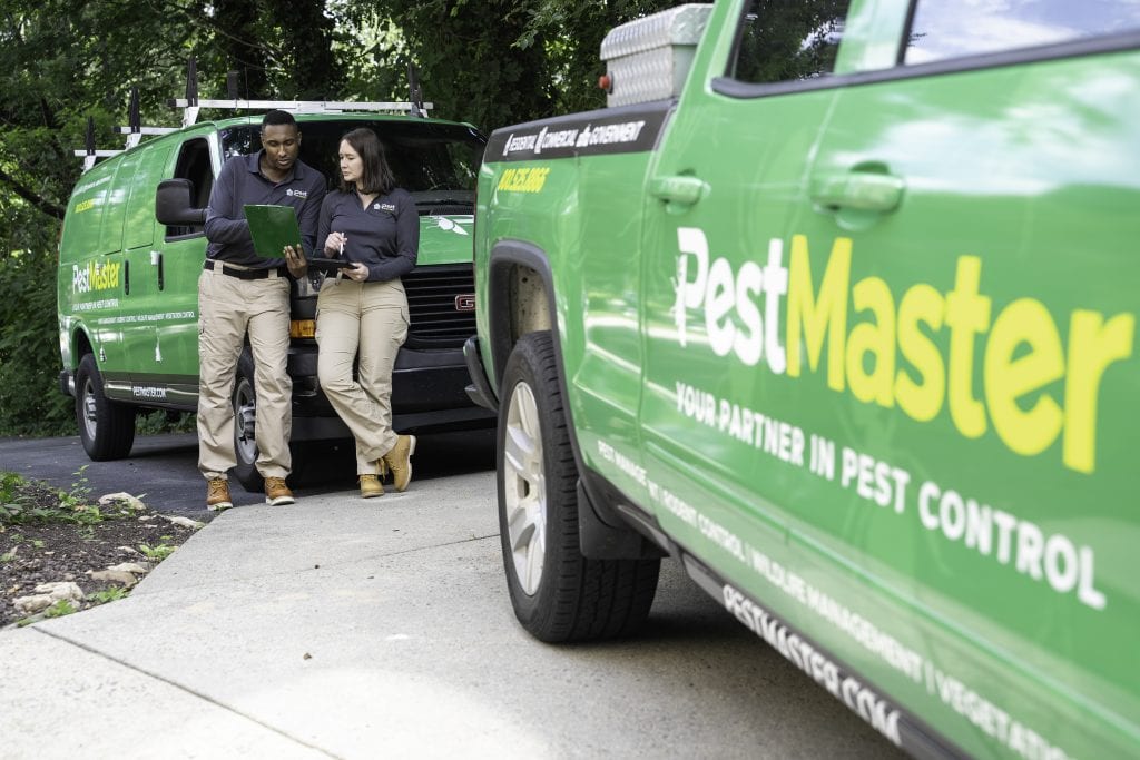 Two people standing next to a green truck.