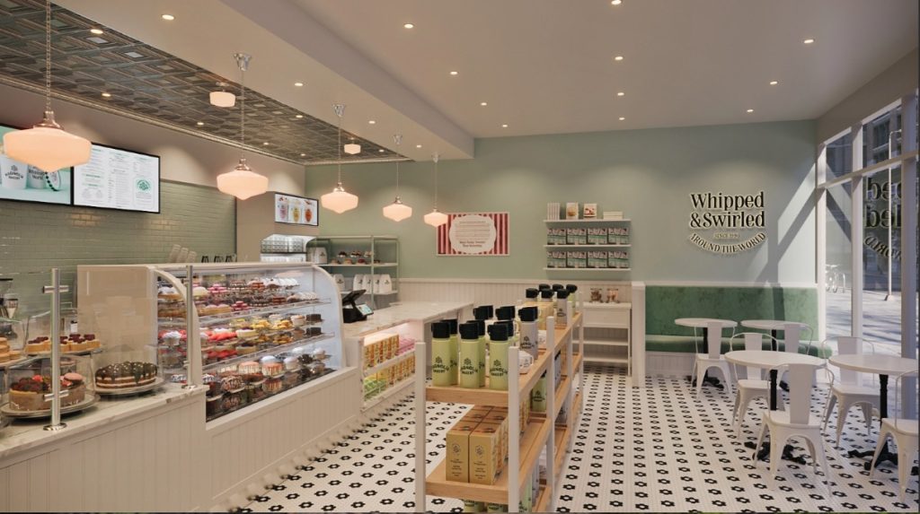 Rendering of Magnolia Bakery Franchise Bakery Store Concept. Has display wall, counter and center point of purchase