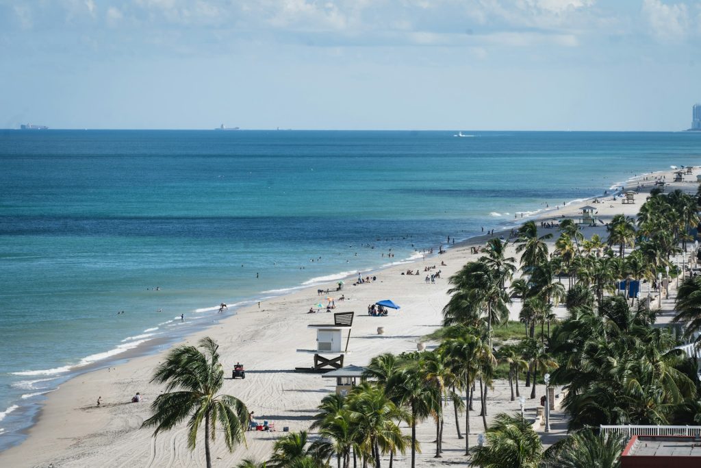 Hollywood Beach Florida sand and ocean view with palm trees